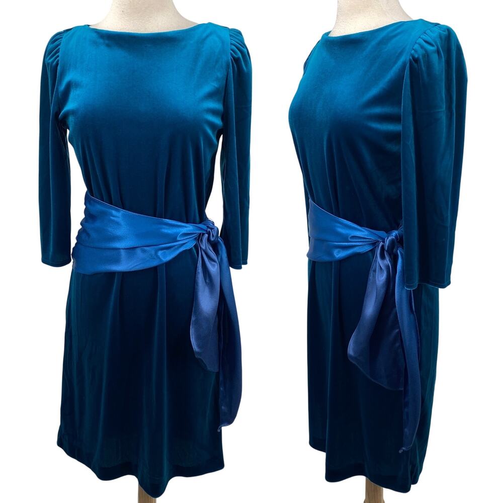Vintage 70s Velvet Satin Tie Waist Cocktail Dress Belted A Line Boatneck Teal M